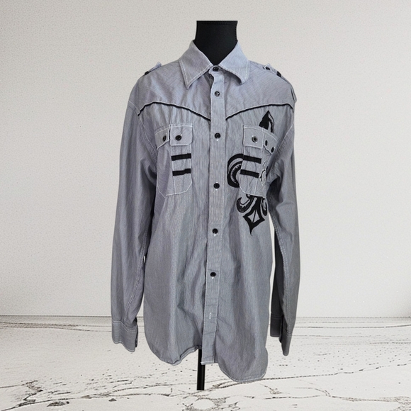 Roar Enough Excuses Men's Gray and Black Casual Button-Down Shirt Size L - Picture 1 of 15